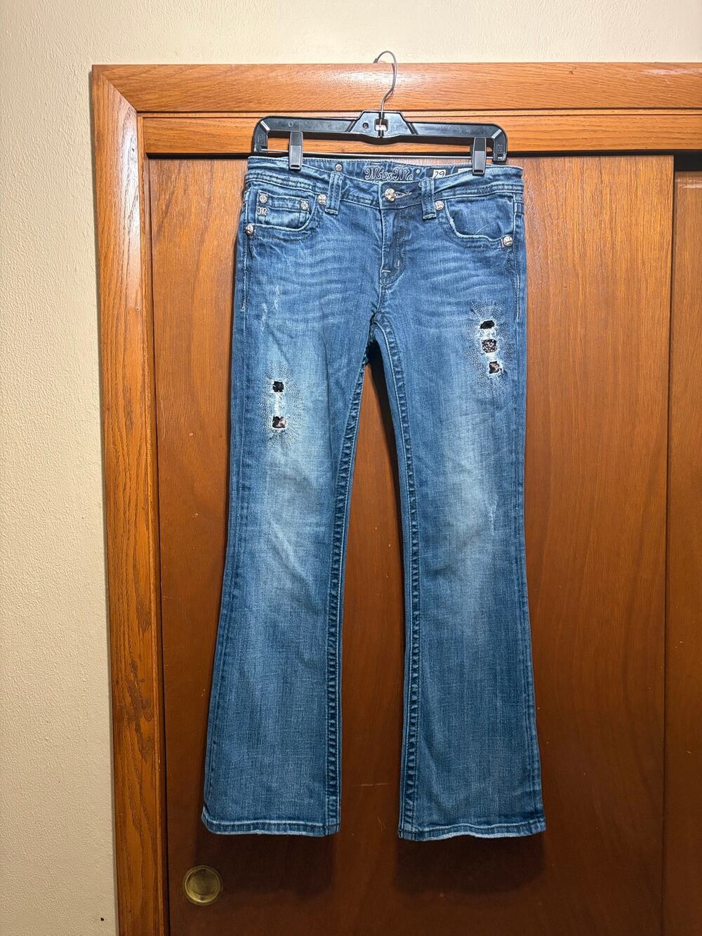 Miss Me Jeans Size 29 Bootcut Distressed Embellished Mid Rise Blue Denim